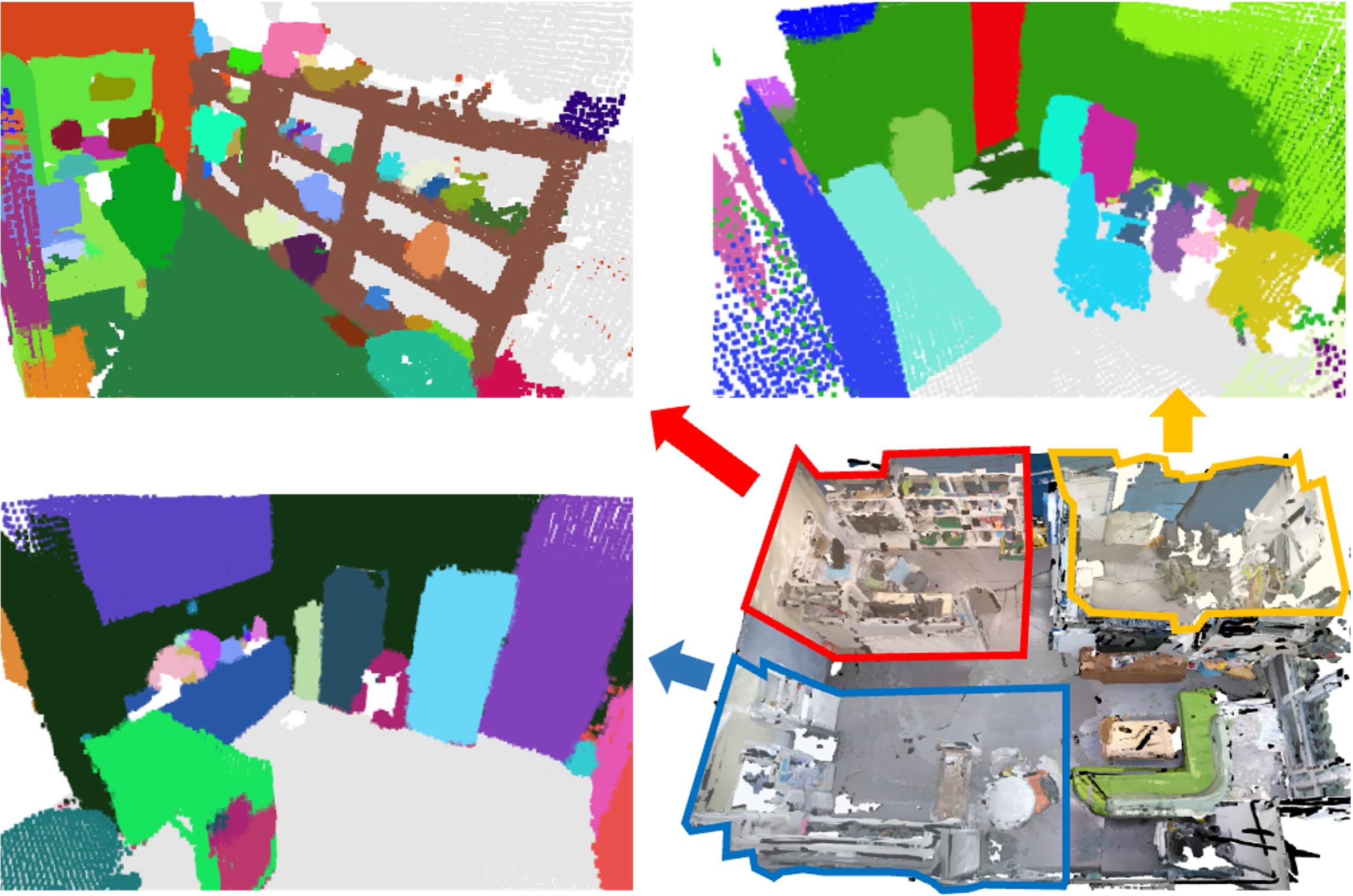 Real-world class-agnostic 3D instance segmentation examples: an office scene (red), a bedroom scene (yellow), and a kitchen scene (blue), each with class-agnostic instance segmentation overlaid.