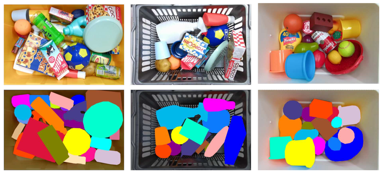 Six example OCBD images: top row shows real cluttered bin photographs, bottom row shows the corresponding human-annotated instance segmentation ground truth.