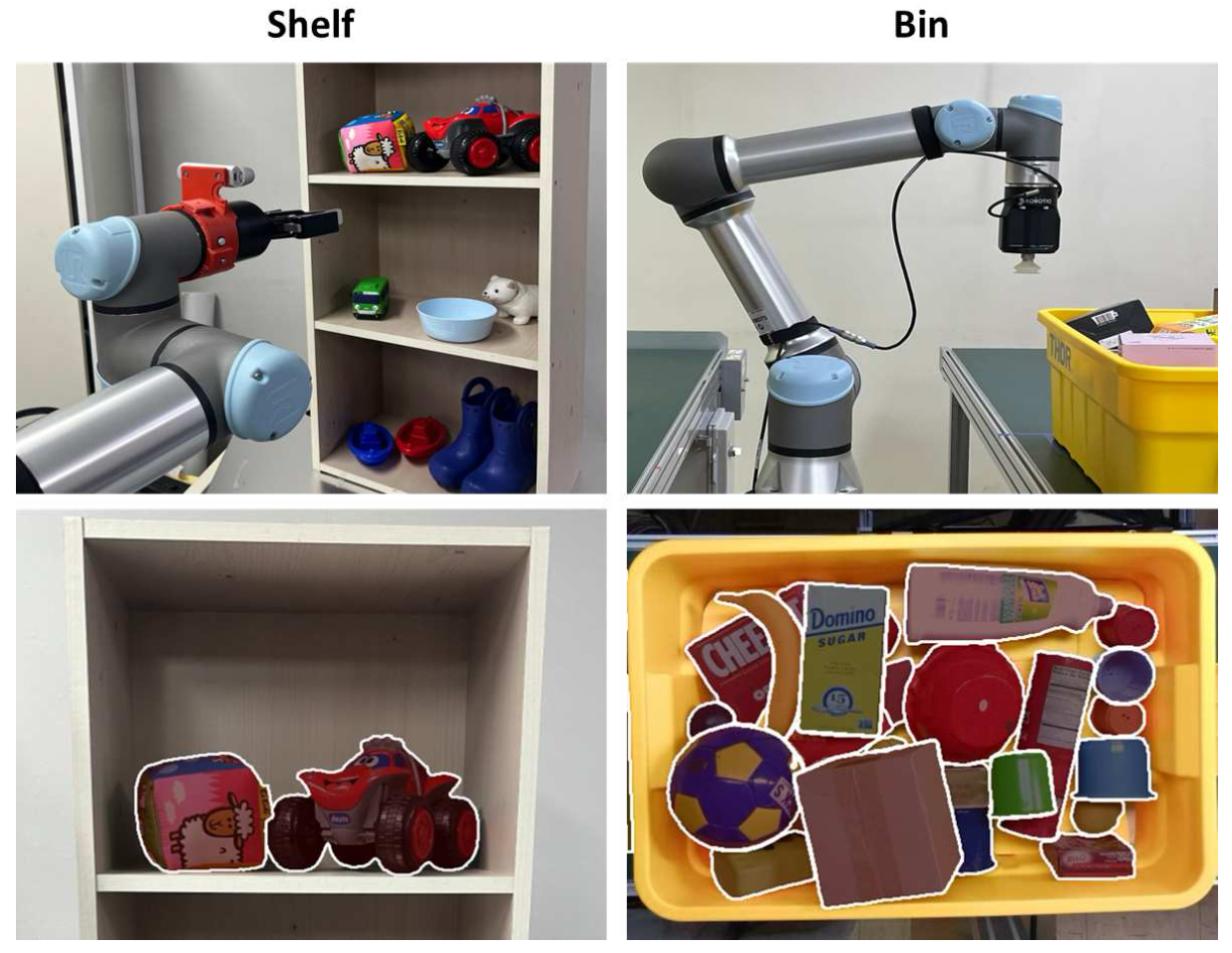 Real-robot experiments: a UR5e arm with a RealSense D435 camera performing shelf-picking, and a UR5e with an overhead Azure Kinect camera performing bin-picking, each shown with DA-Fusion's segmentation result.
