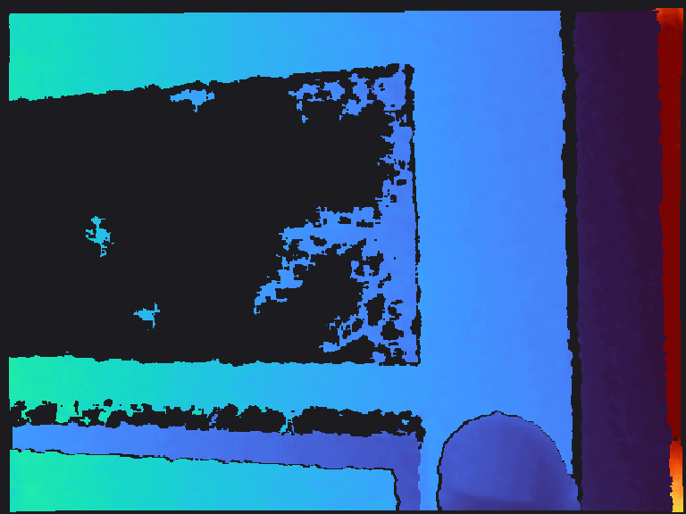 Raw sensor depth map with large black holes where the depth camera returned no measurement.