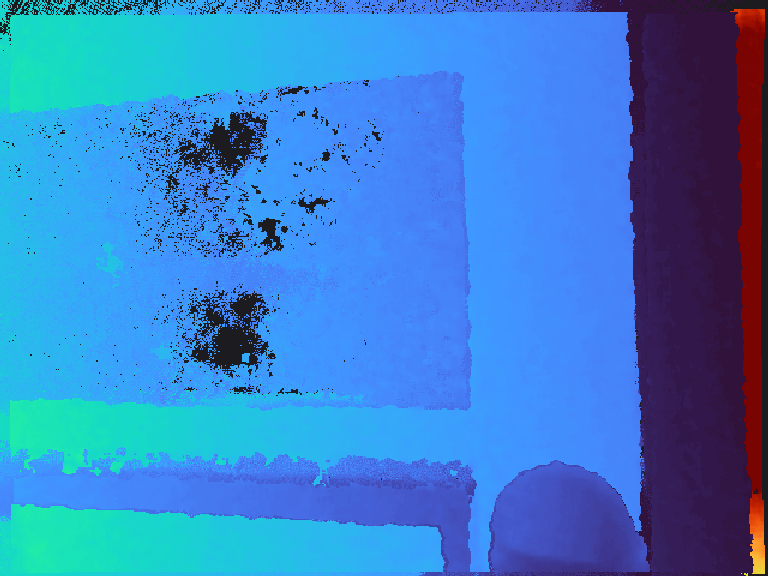 Supplemented depth map: the raw sensor depth with its holes filled from point-cloud-rendered synthetic depth, leaving a dense depth image.