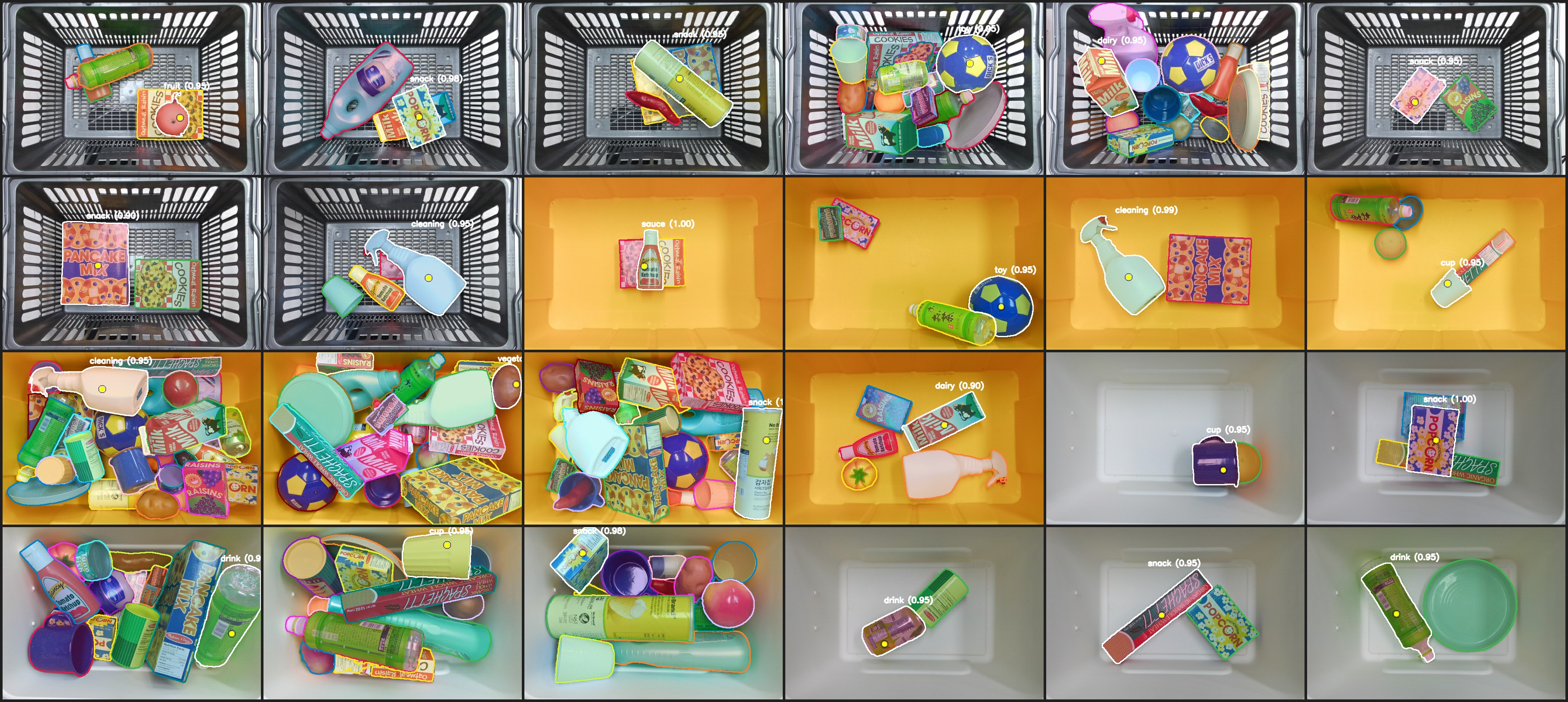 Qualitative results: 24 bin-picking frames, each showing the segmented target object outlined, its predicted category and confidence, and the selected suction point.